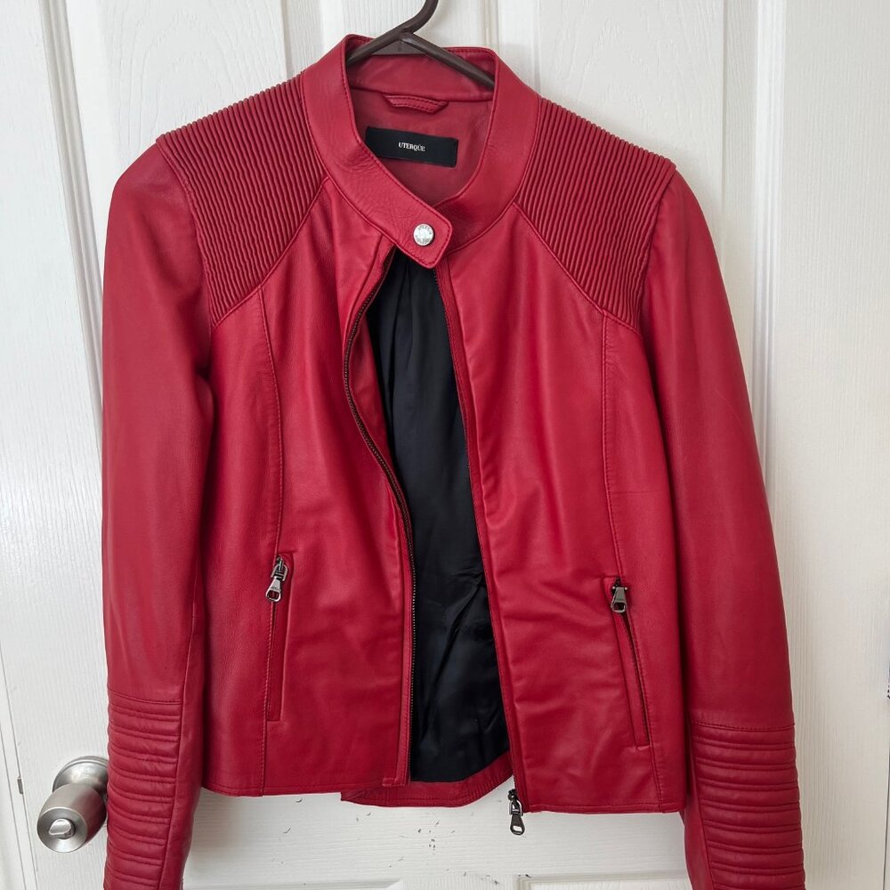 UTERQUE Leather Women Sheepskin Red Motorcycle Jacket Size S